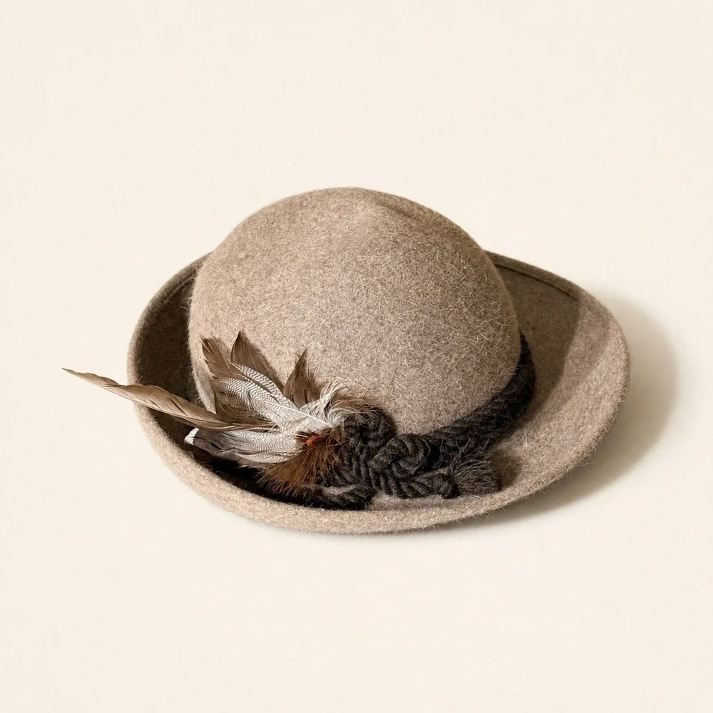 Muhlbauer Wien Wool Felt Hat Taupe Alpine Tyrolean Feather‎ Vintage